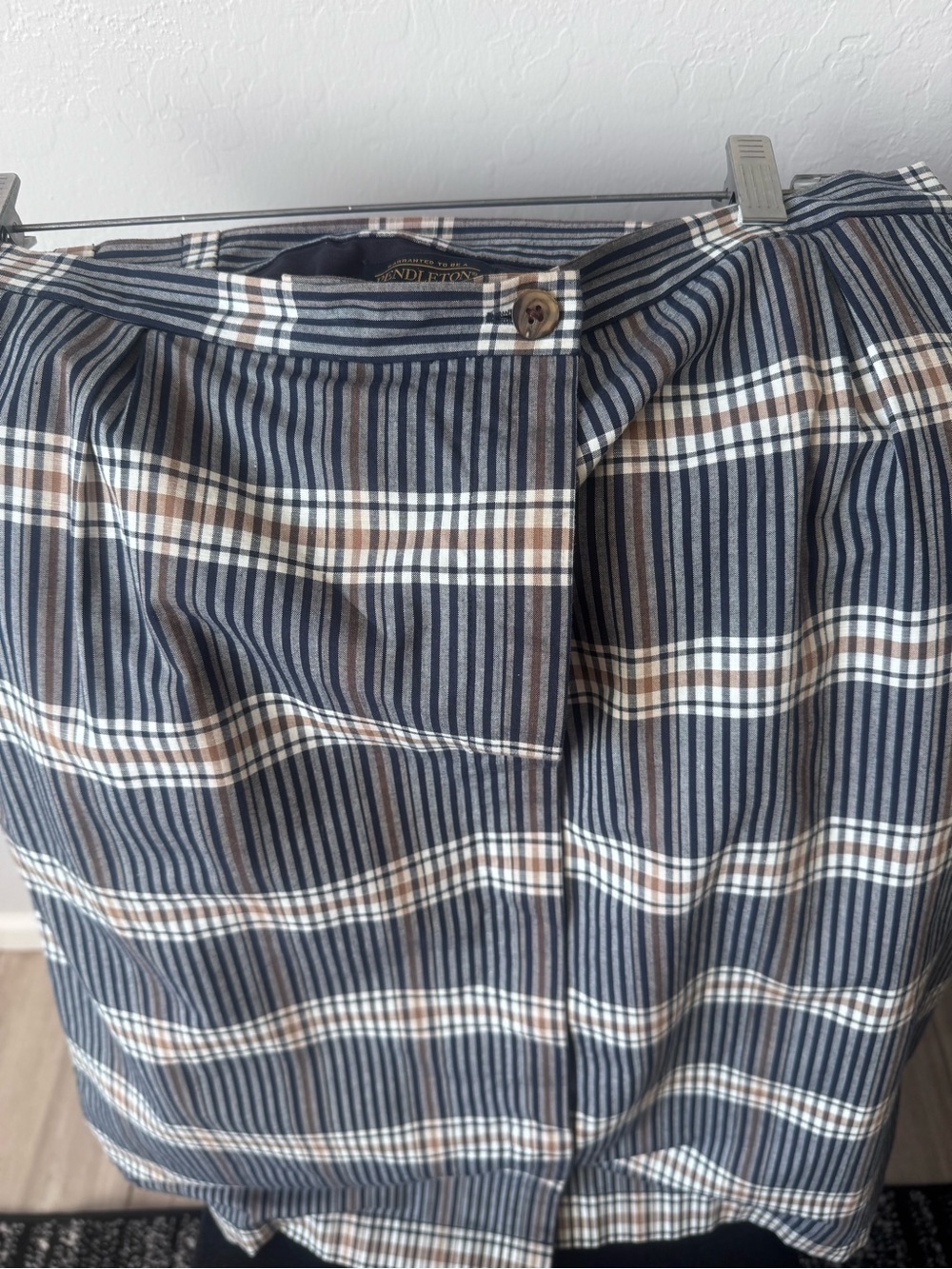 Vintage Pendleton Navy and Cream Plaid A-Line Skirt with button front